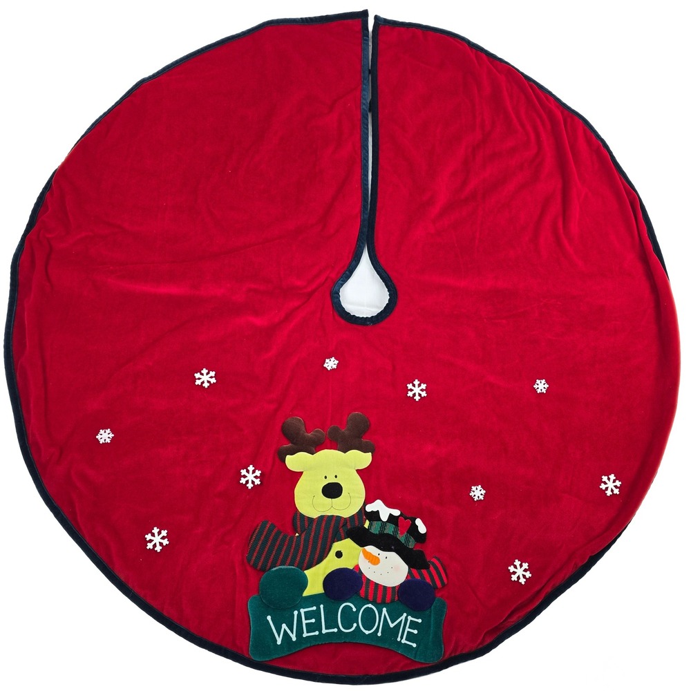 Prima Creations Red Velvet Reindeer Snowman Welcome Christmas Tree Skirt 41"